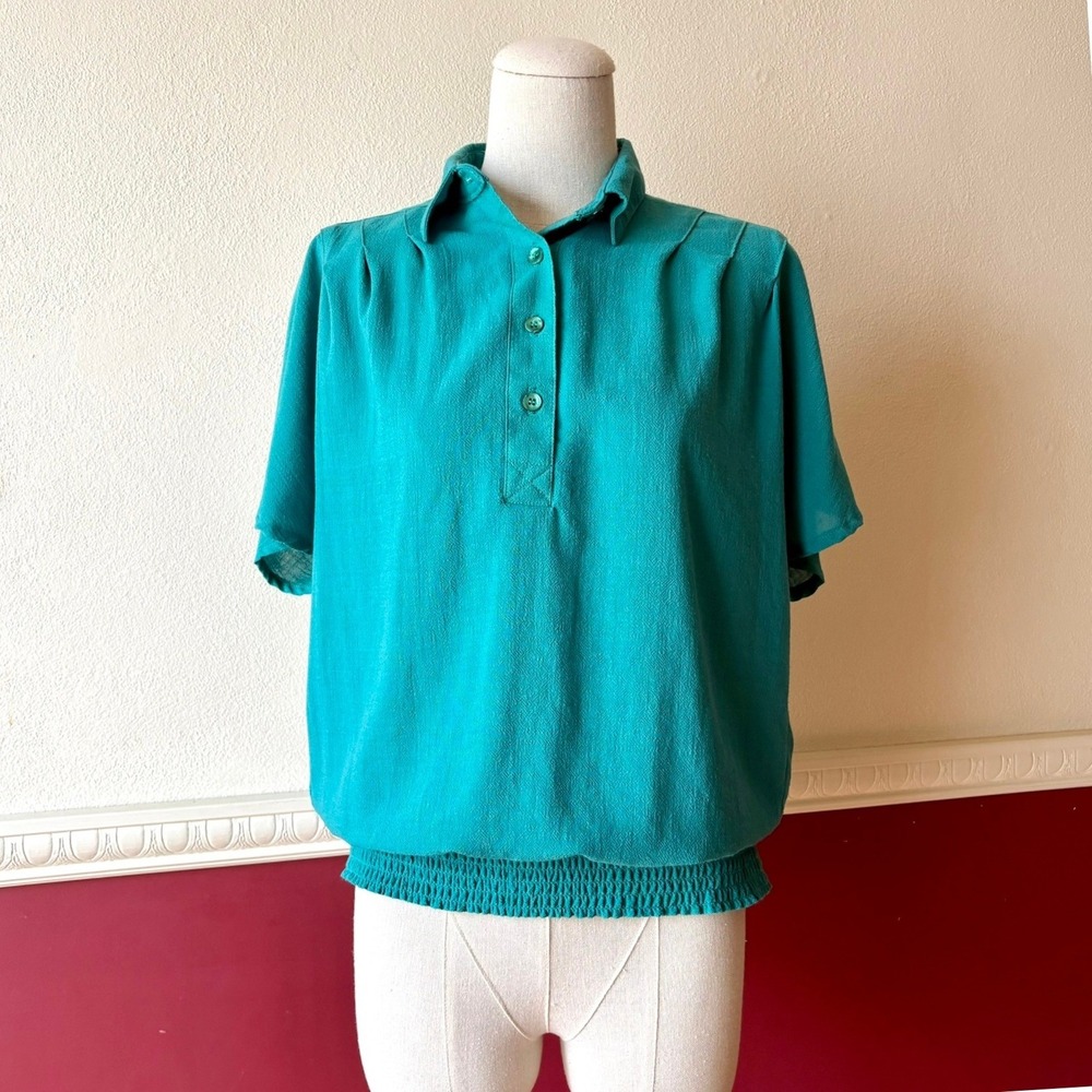 Vintage Alfred Dunner Green Smocked Hem Top Short Sleeve Pleated Blouse Womens S